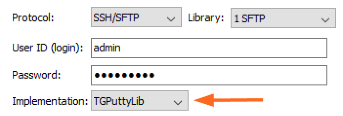 Syncovery の SFTP 実装選択画面のスクリーンショット。TGPuttyLib と SecureBlackBox を選択できる