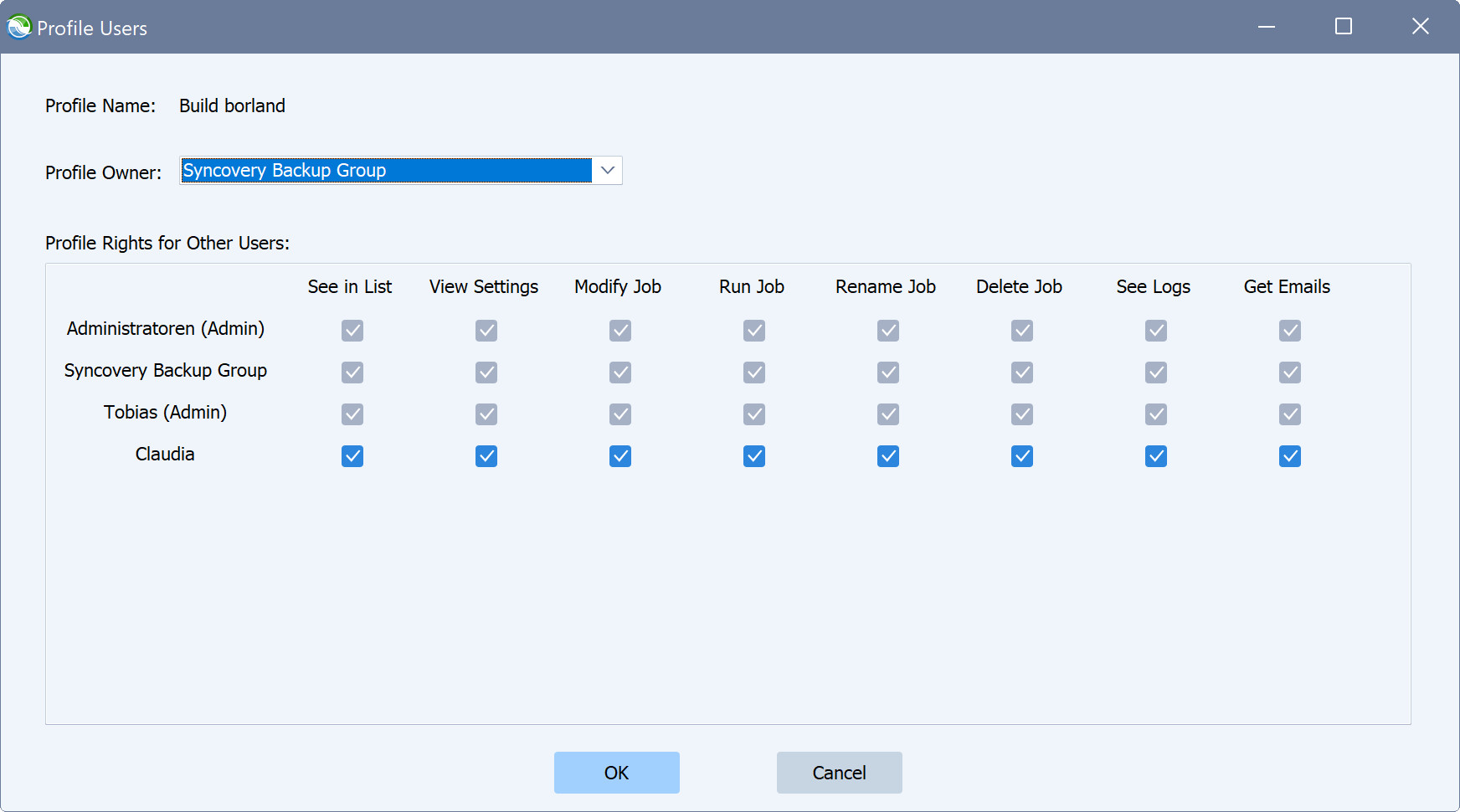 Syncovery の「プロファイルのユーザー」ダイアログを示すスクリーンショット。