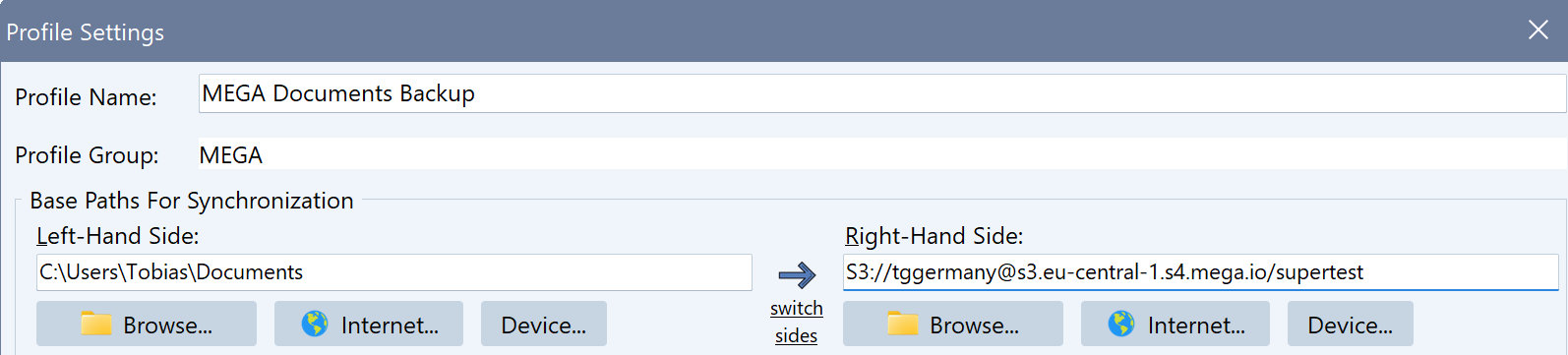 Screenshot of Mega S4 in a Syncovery Profile